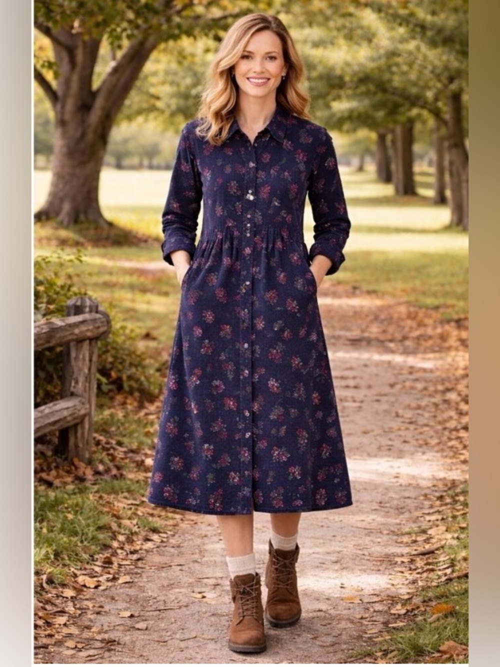 The Vermont Country Store Pin Corduroy Prairie Cottagecore Modest Floral Dress L